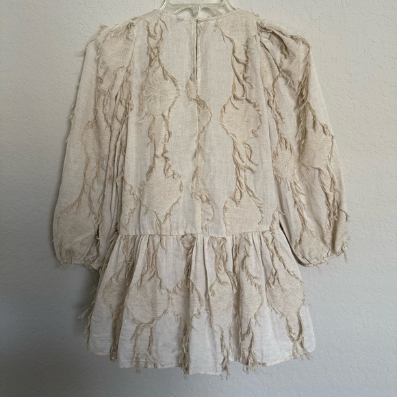 Zara Tan Linen Blend Puff Sleeve Blouse Size S Boho Textured Fringe Rustic - Picture 3 of 9